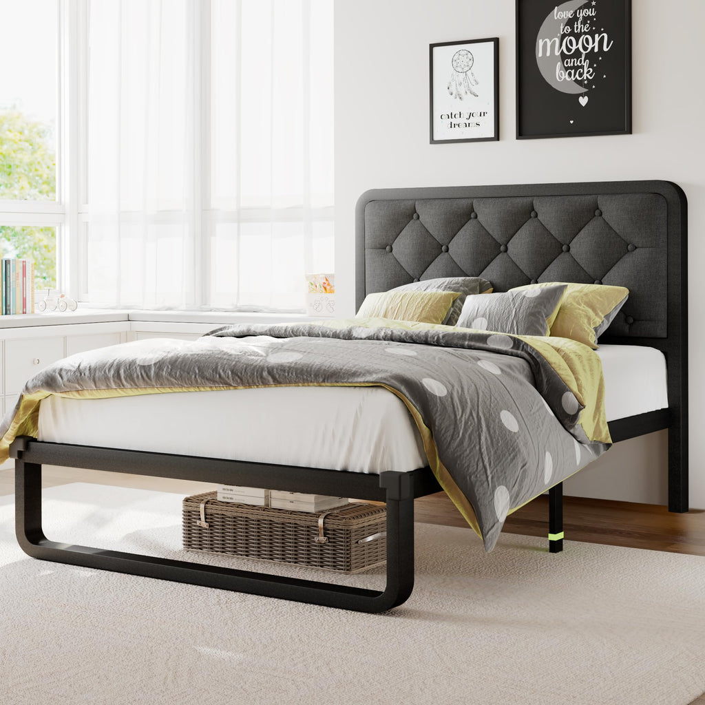 Twin Metal Platform Bed Frame with Linen Upholstered Headboard S13367