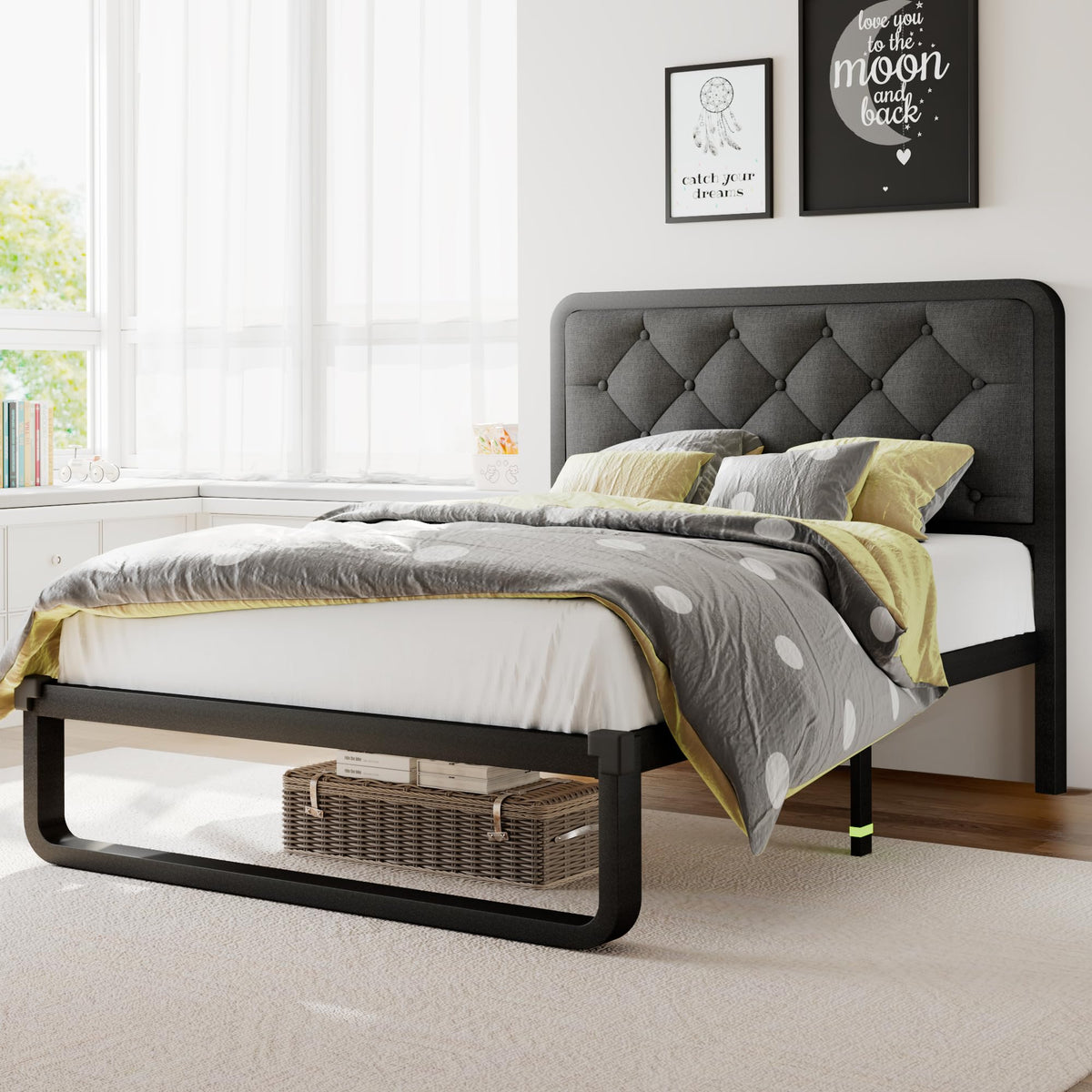 Twin Metal Platform Bed Frame with Linen Upholstered Headboard S13367