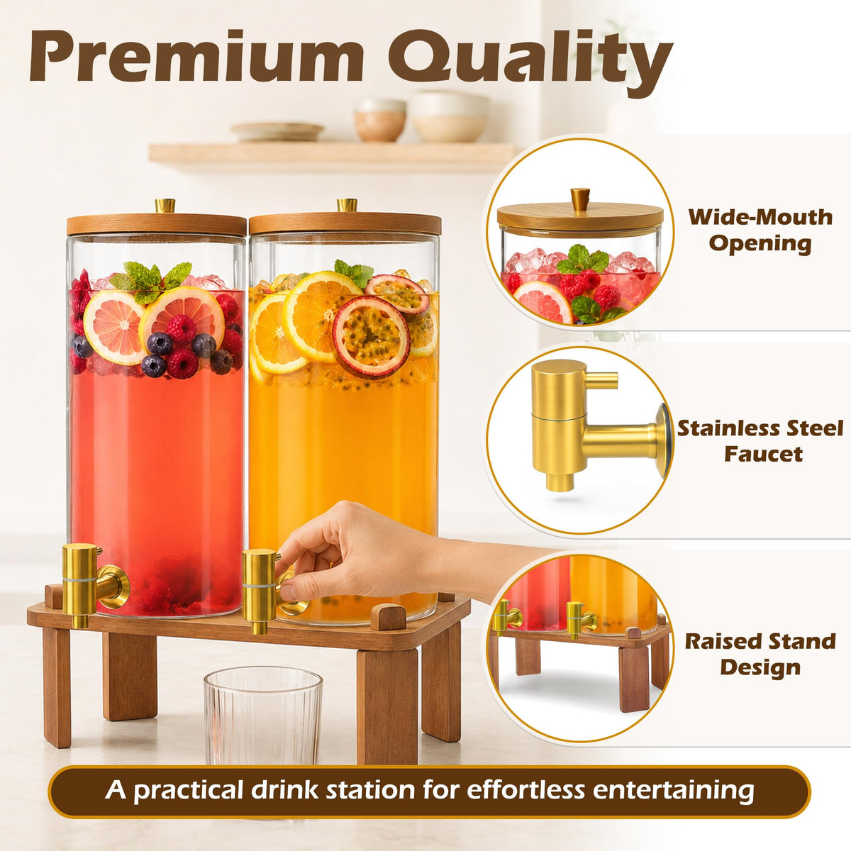 2PCS 1.5 Gallon Glass Beverage Dispenser with Wood Stand Q707