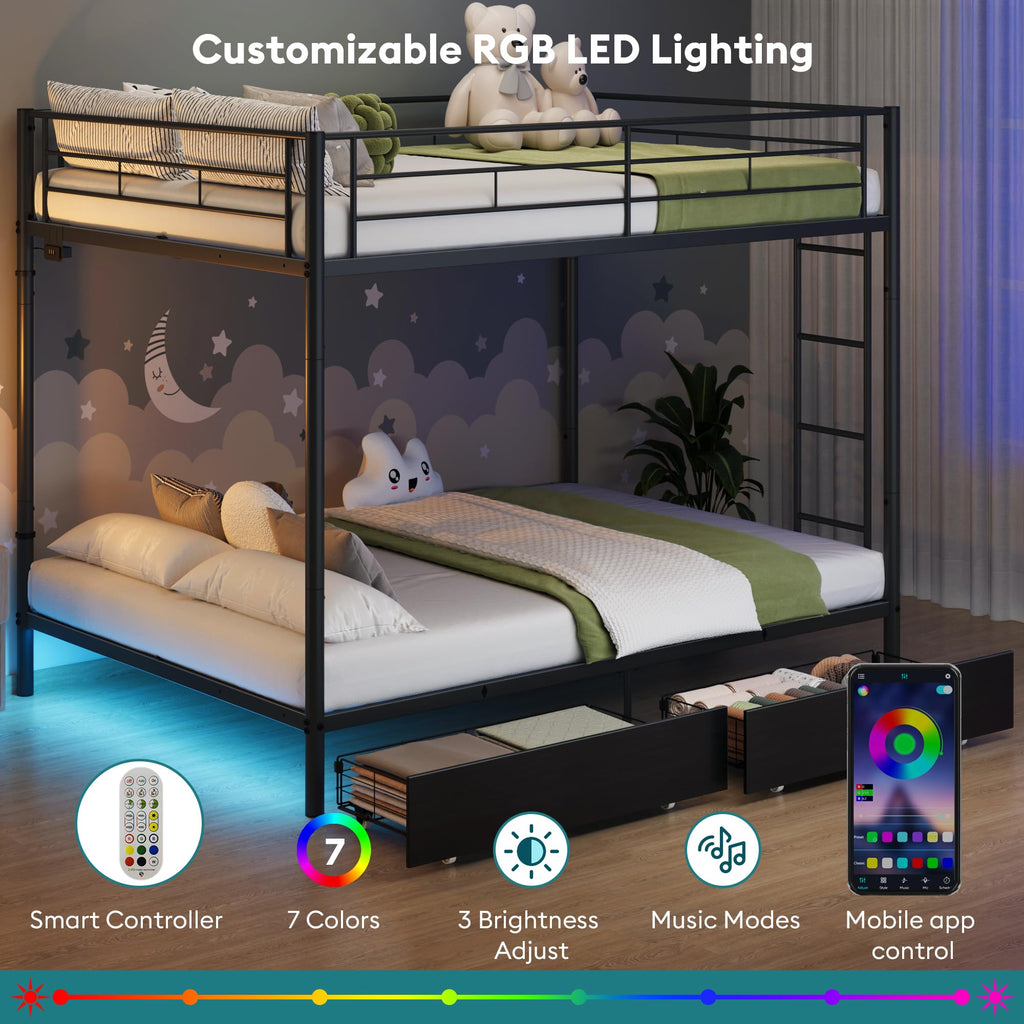 Black Twin Over Twin Metal Bunk Bed with LED Lights, USB Charging Station, 2 Drawers, Guard Rails & Ladder Z61192