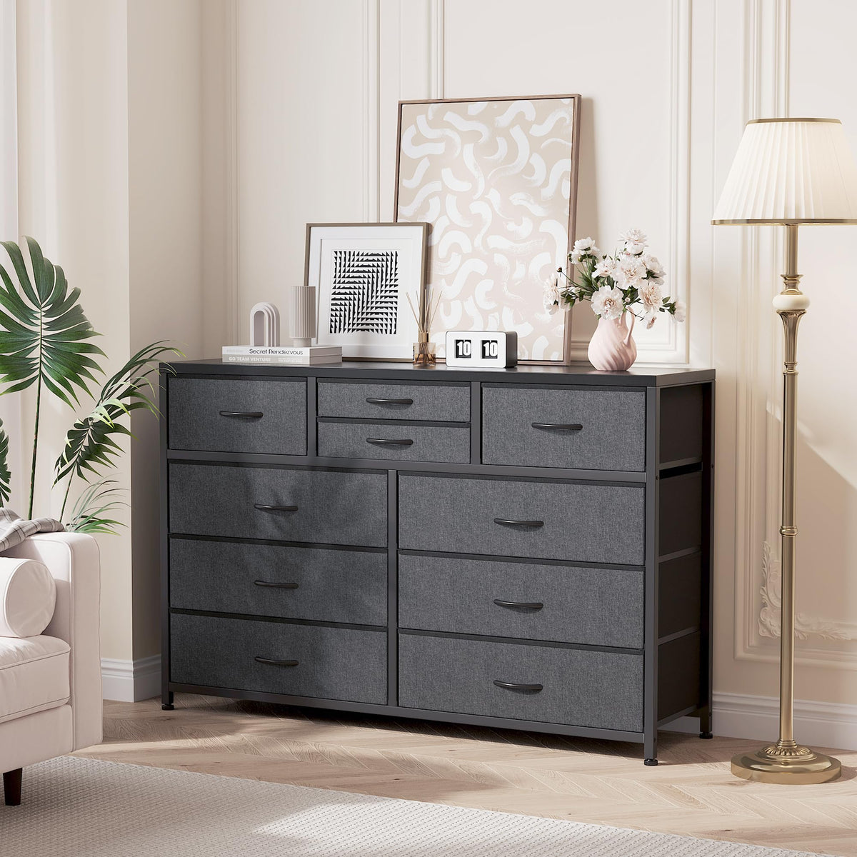 10 Drawer Fabric Dresser with Wood Top N30701