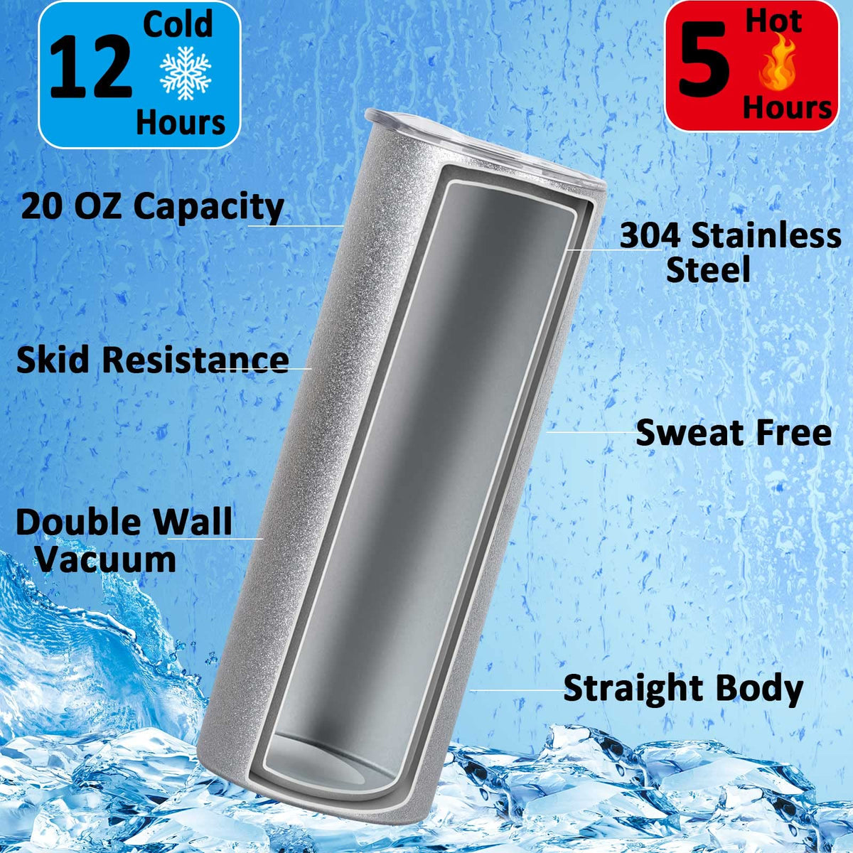 20 Oz 8 Pack Glitter Sublimation Skinny Tumblers Stainless Steel U774