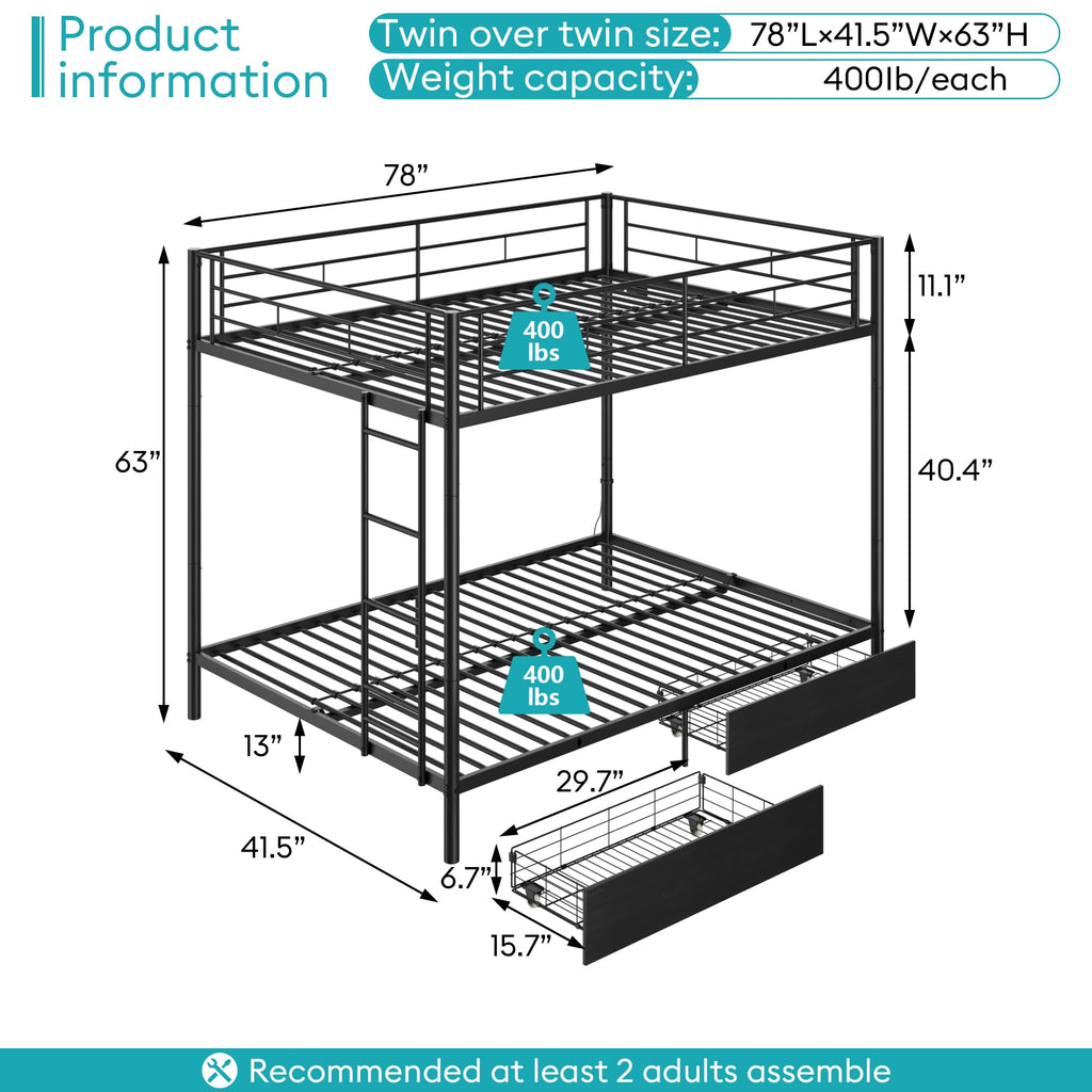 Black Twin Over Twin Metal Bunk Bed with LED Lights, USB Charging Station, 2 Drawers, Guard Rails & Ladder Z61192