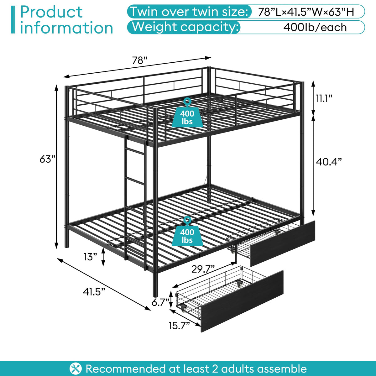 Black Twin Over Twin Metal Bunk Bed with LED Lights, USB Charging Station, 2 Drawers, Guard Rails & Ladder Z61192
