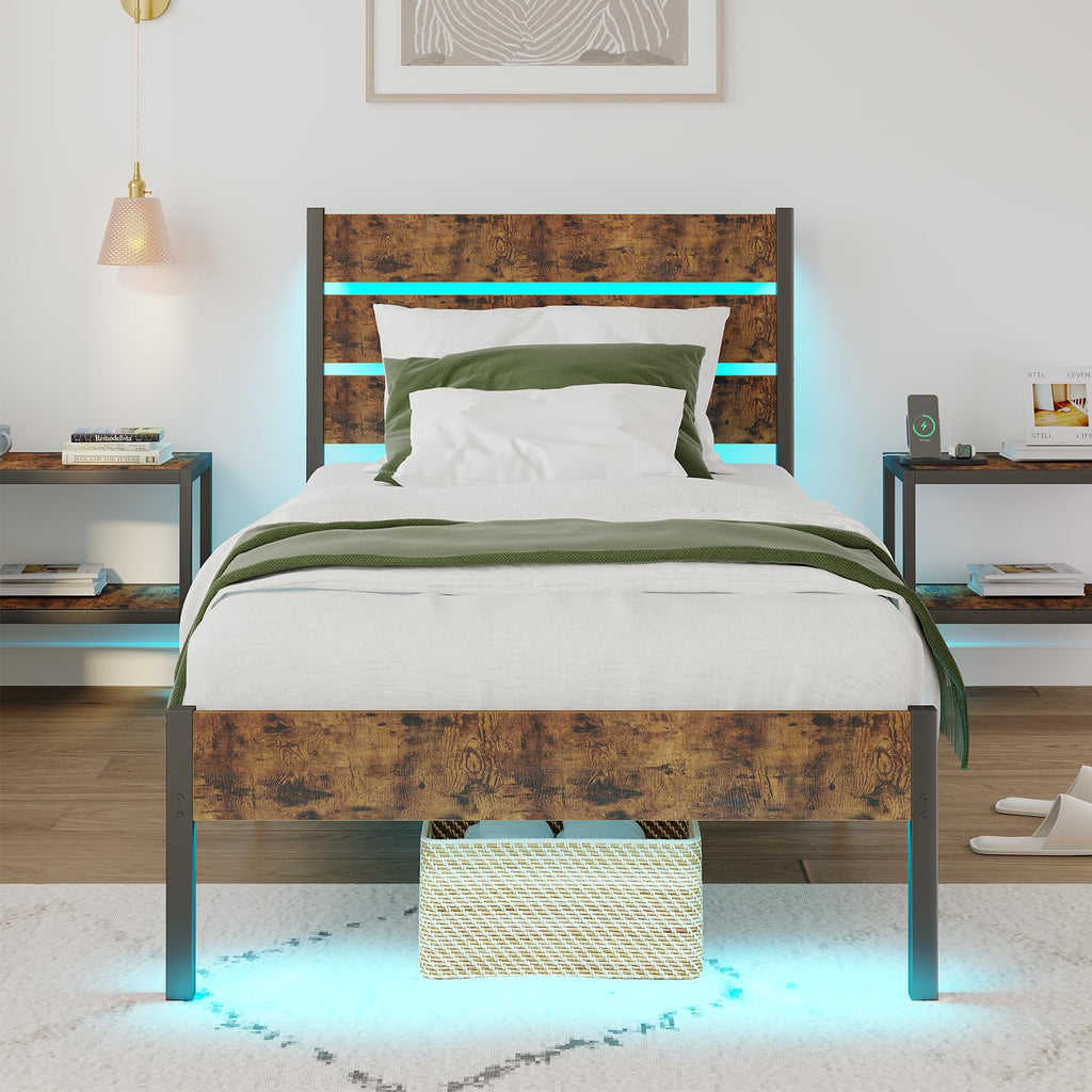 Twin Size Bed Frame with LED Light & Charging Station I977577