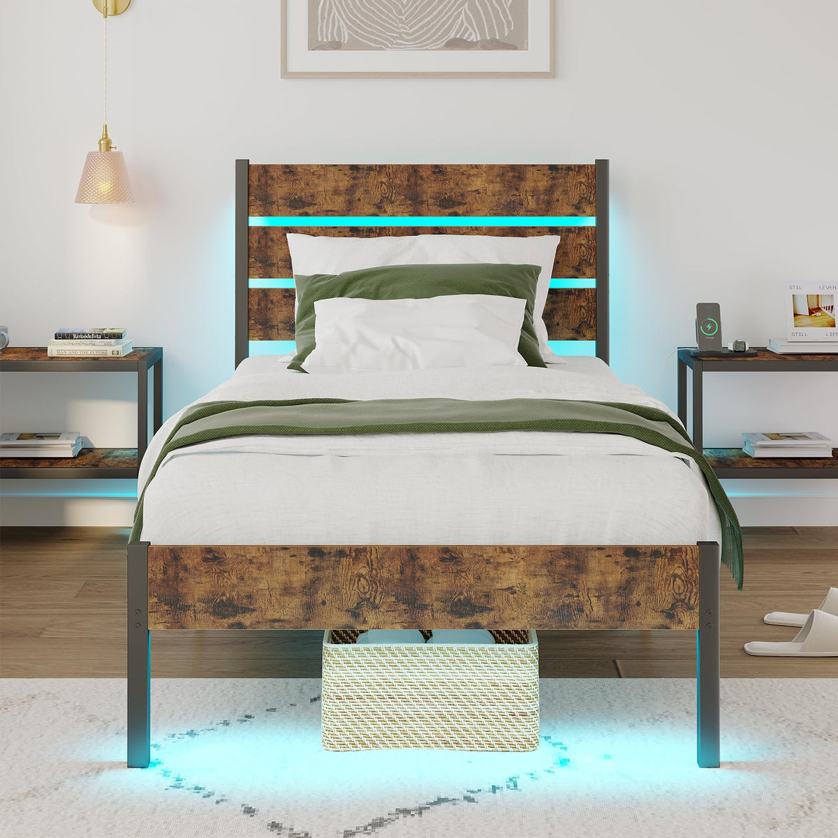 Twin Size Bed Frame with LED Light & Charging Station I977577