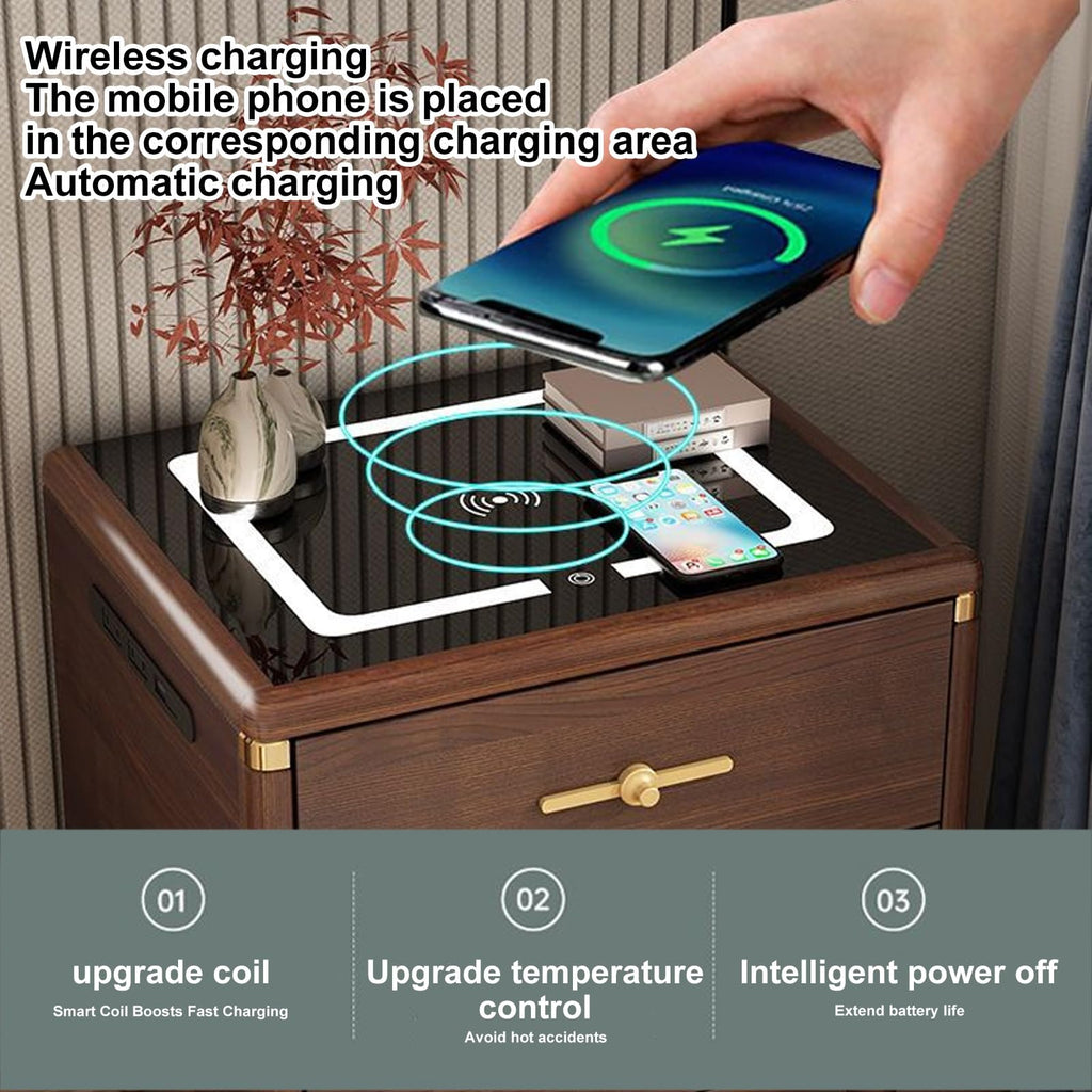 Solid Wood Nightstand with Wireless Charging Station and 2 Drawer Storage C363