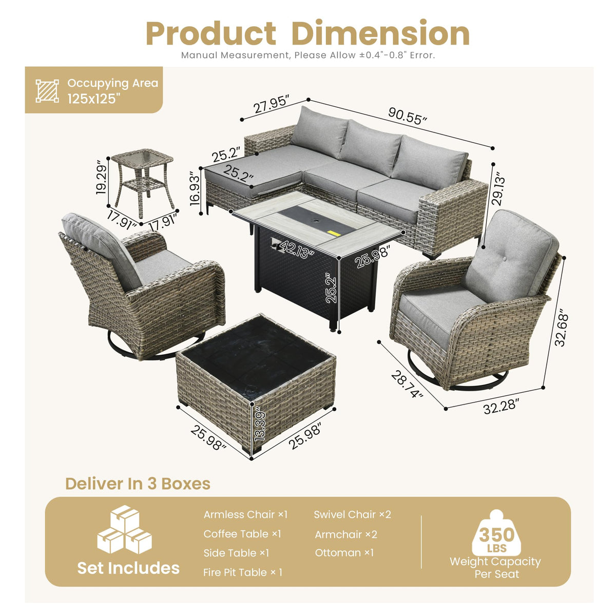 Charcoal Grey 9 Pieces Wicker Outdoor Sectional Sofa Set with Fire Pit Table K7952