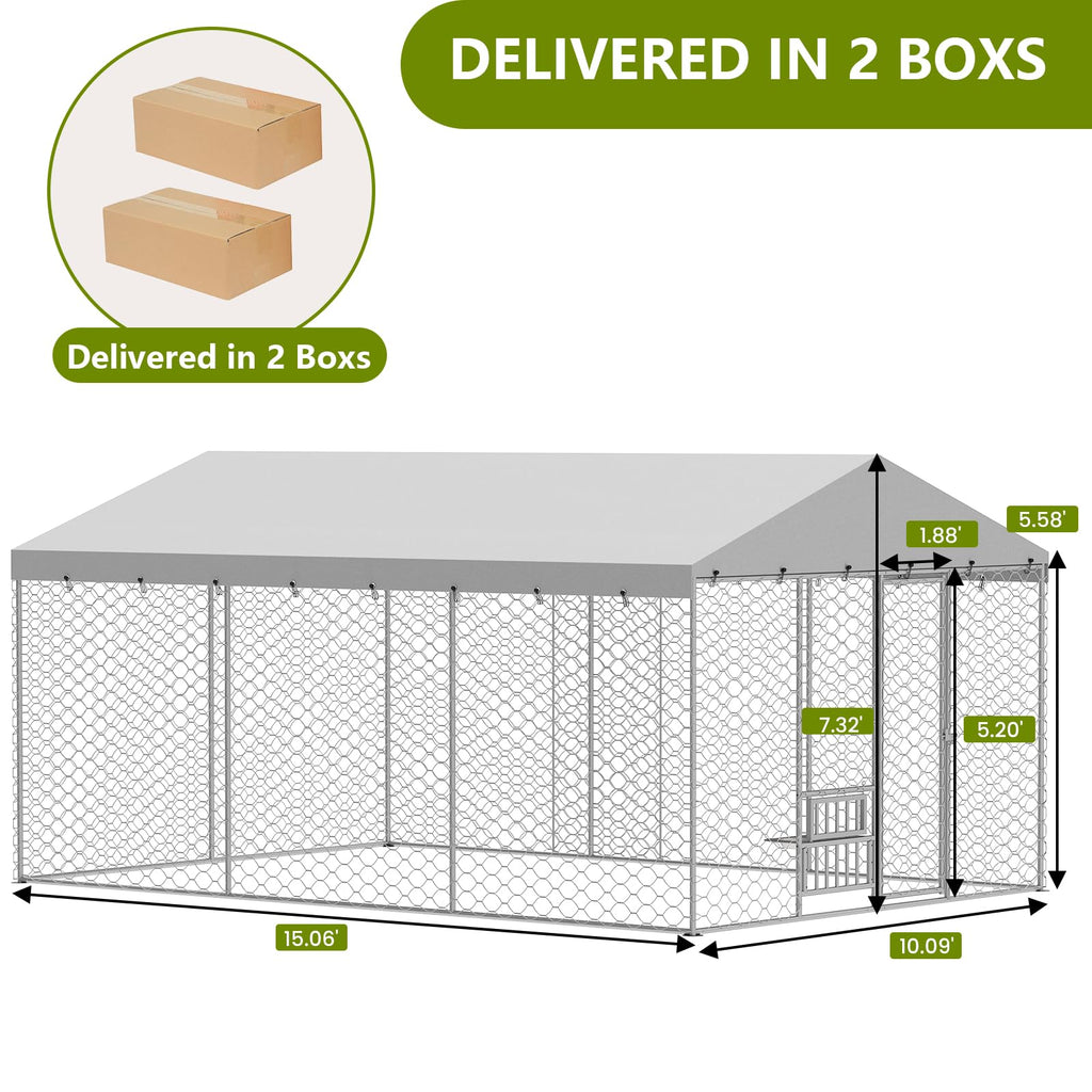 10x15FT Outdoor Dog Kennel with Bowls & Roof A87712