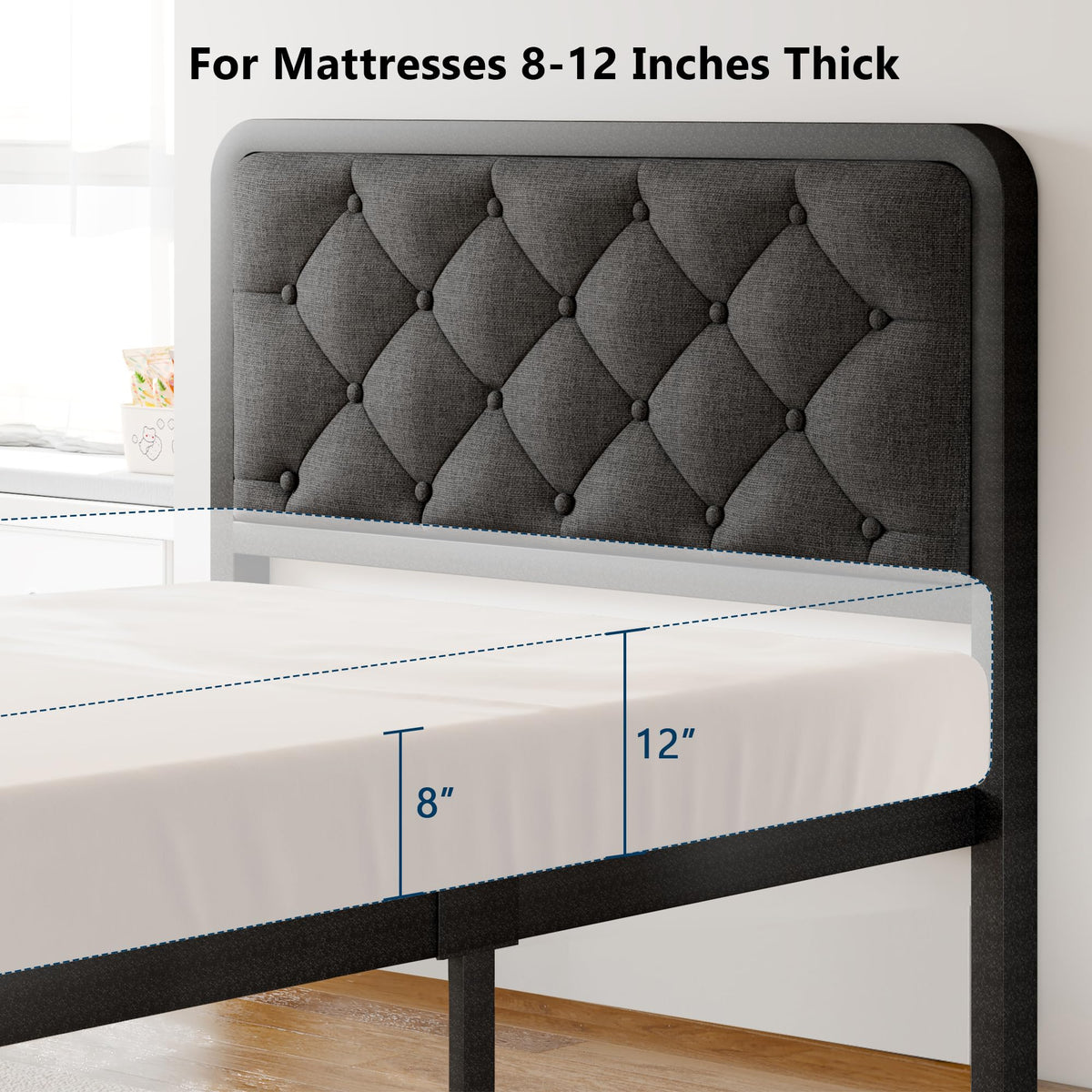 Twin Metal Platform Bed Frame with Linen Upholstered Headboard S13367
