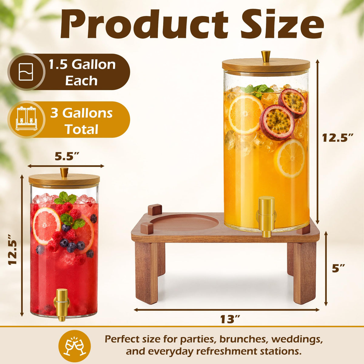 2PCS 1.5 Gallon Glass Beverage Dispenser with Wood Stand Q707