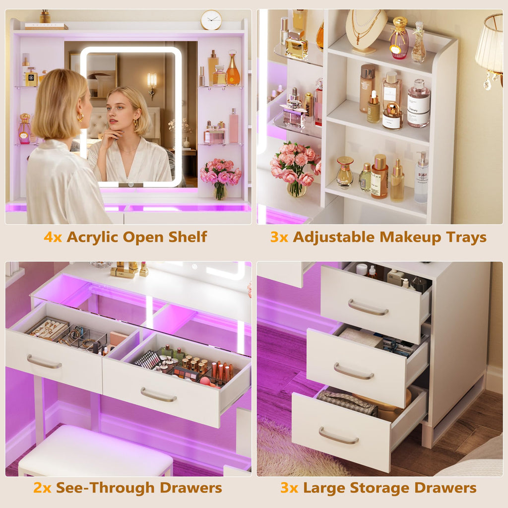 White Vanity Desk with Mirror and Stool 5 Drawers W77647