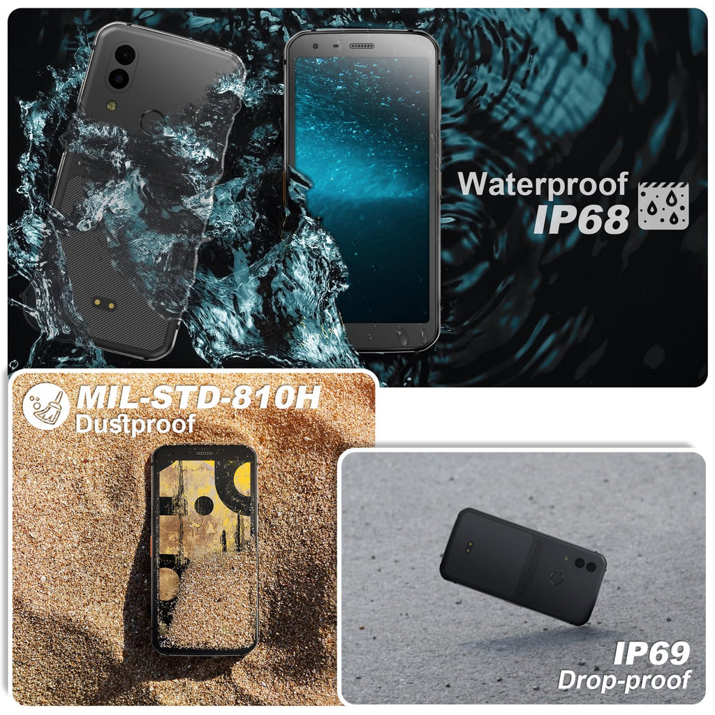 Unlocked Rugged Cell Phone 128GB IP68 Waterproof Android Smartphone Black L378