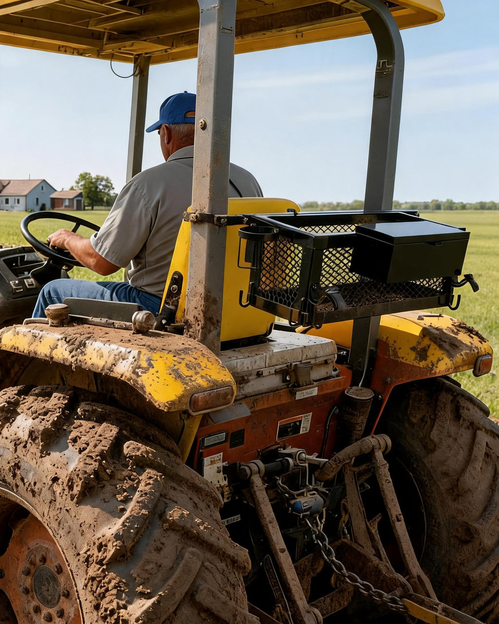 Heavy Duty Tractor Tool Box, 24x10x10 Inch Lockable Basket Attachment with Hooks and Ratchet Strap L269