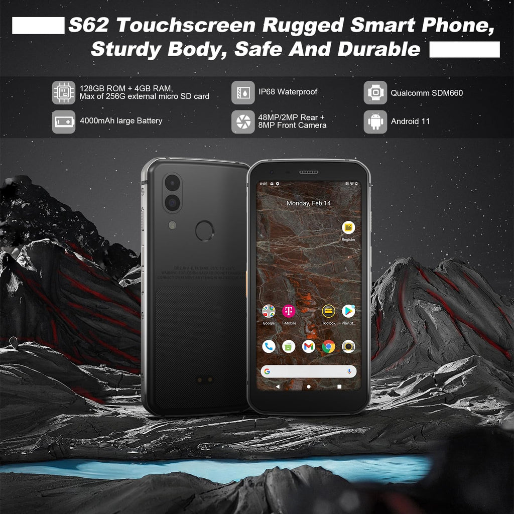 Unlocked Rugged Cell Phone 128GB IP68 Waterproof Android Smartphone Black L378