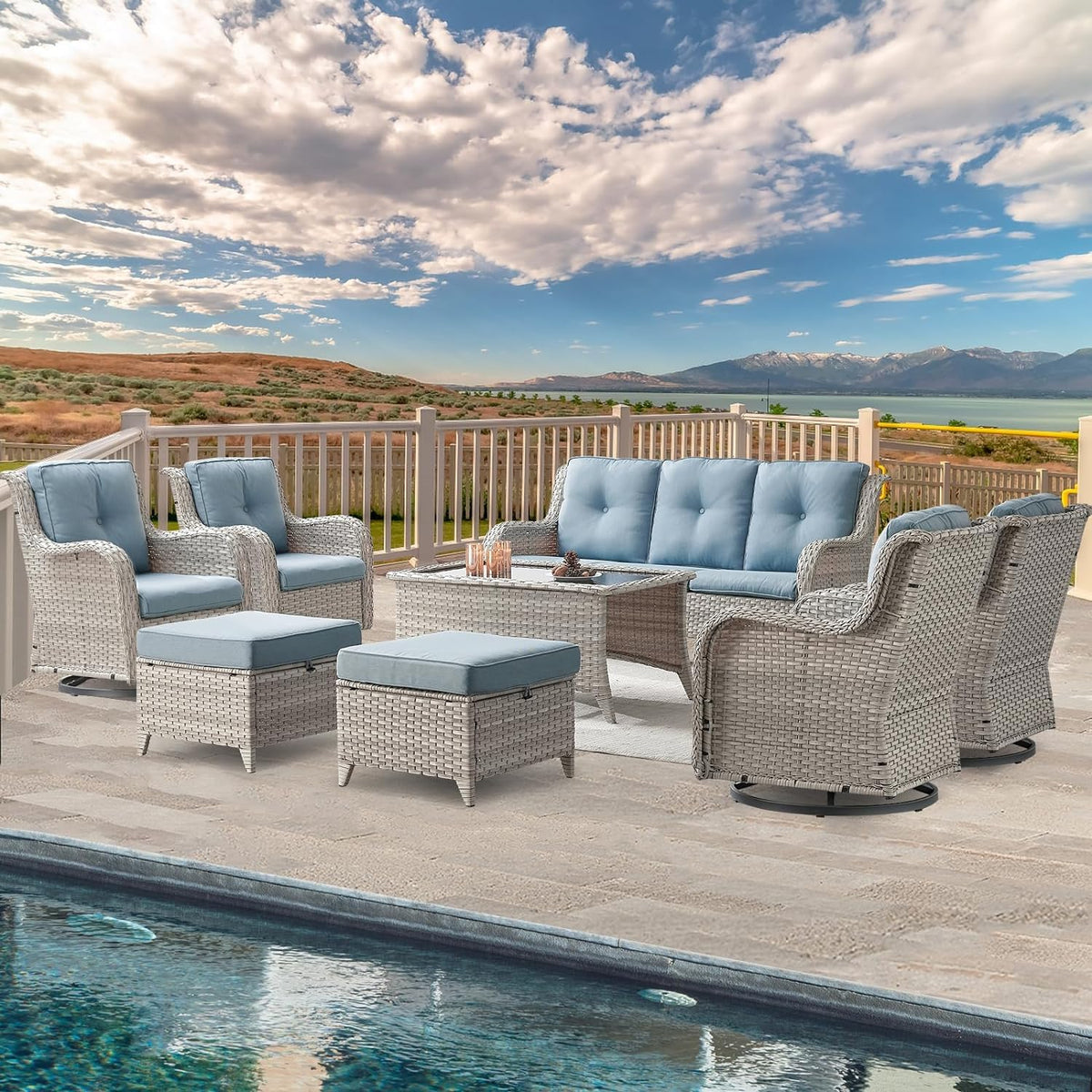 8 Piece Wicker Patio Furniture Conversation Set with Swivel Rocker Chairs, Sofa, Ottomans and Coffee Table T955
