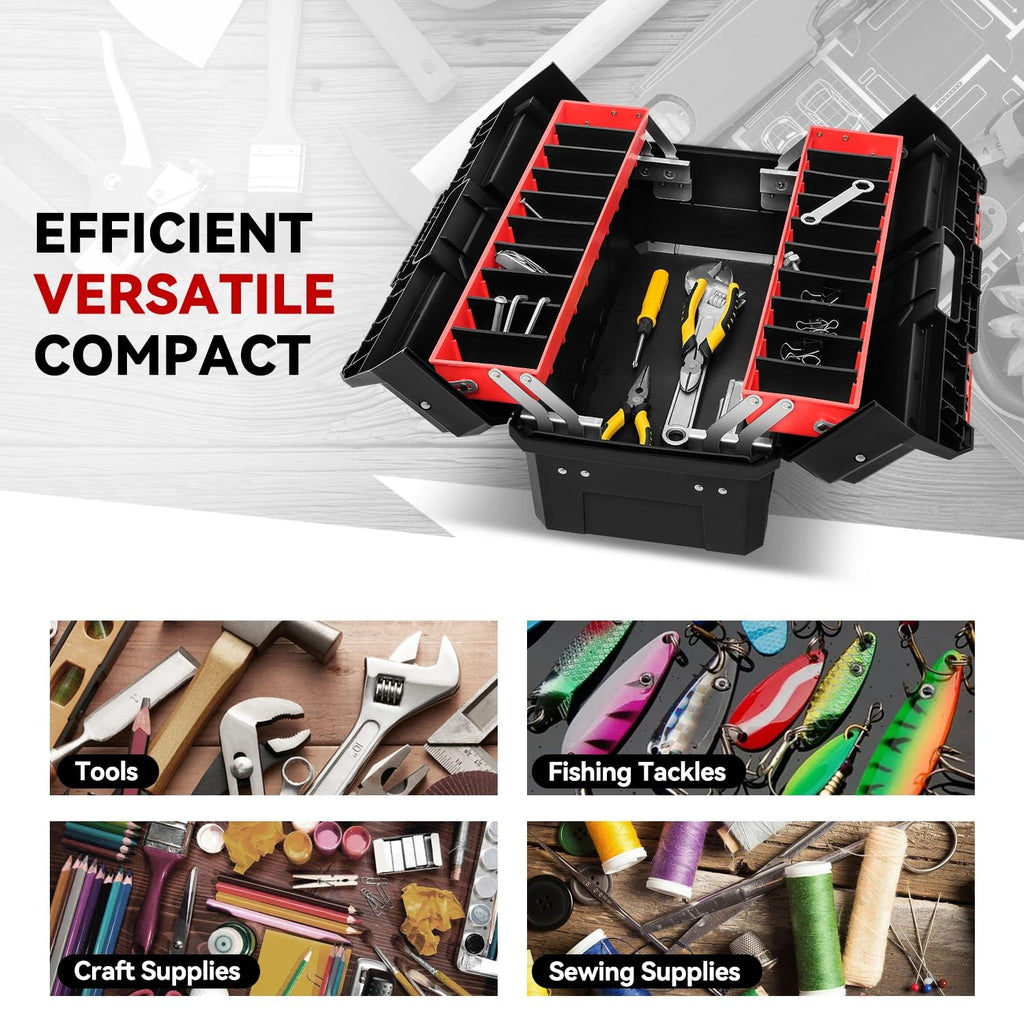 Foldable 2-layer Tool Box with Non-Slip Handle Tray Storage, Red I897