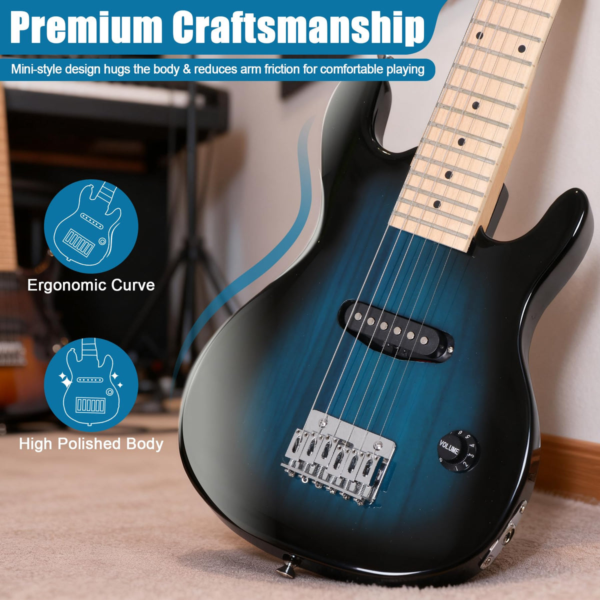 30 inch Kids Electric Guitar with 5w Amp, Gig Bag, Strap, Cable, Strings and Picks, Blue B737299