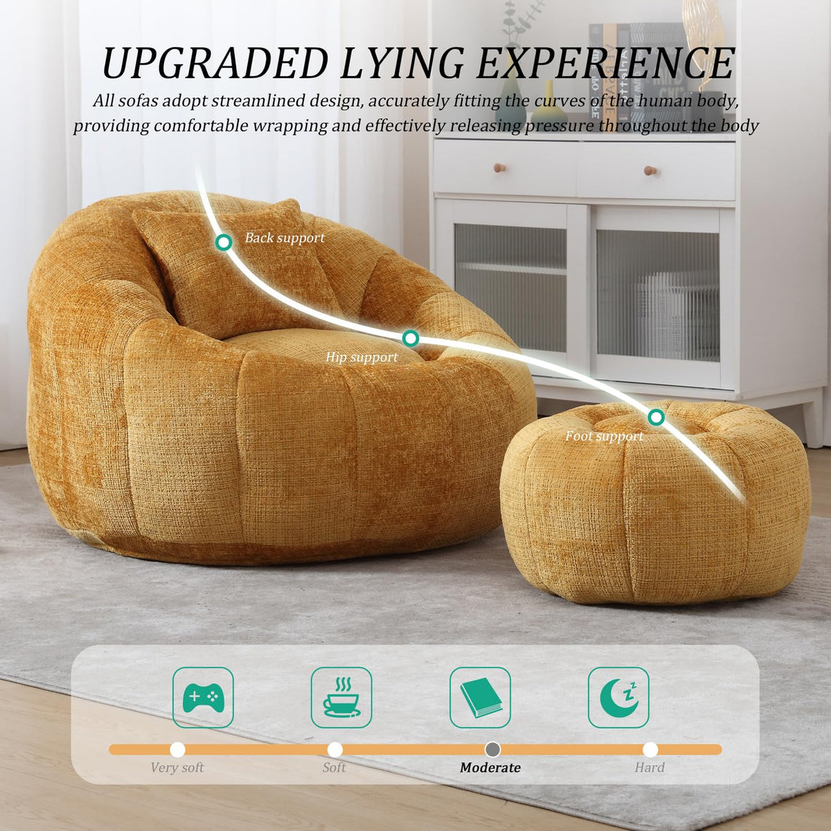 Yellow Chenille Bean Bag Chair with Ottoman and Pillow H34155