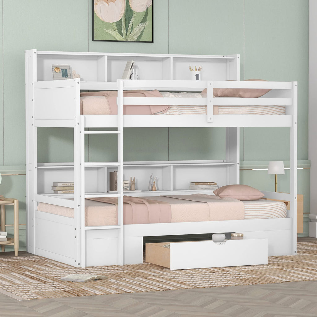Twin Over Twin Wooden Bunk Bed with Shelves and Storage Drawer Q6340