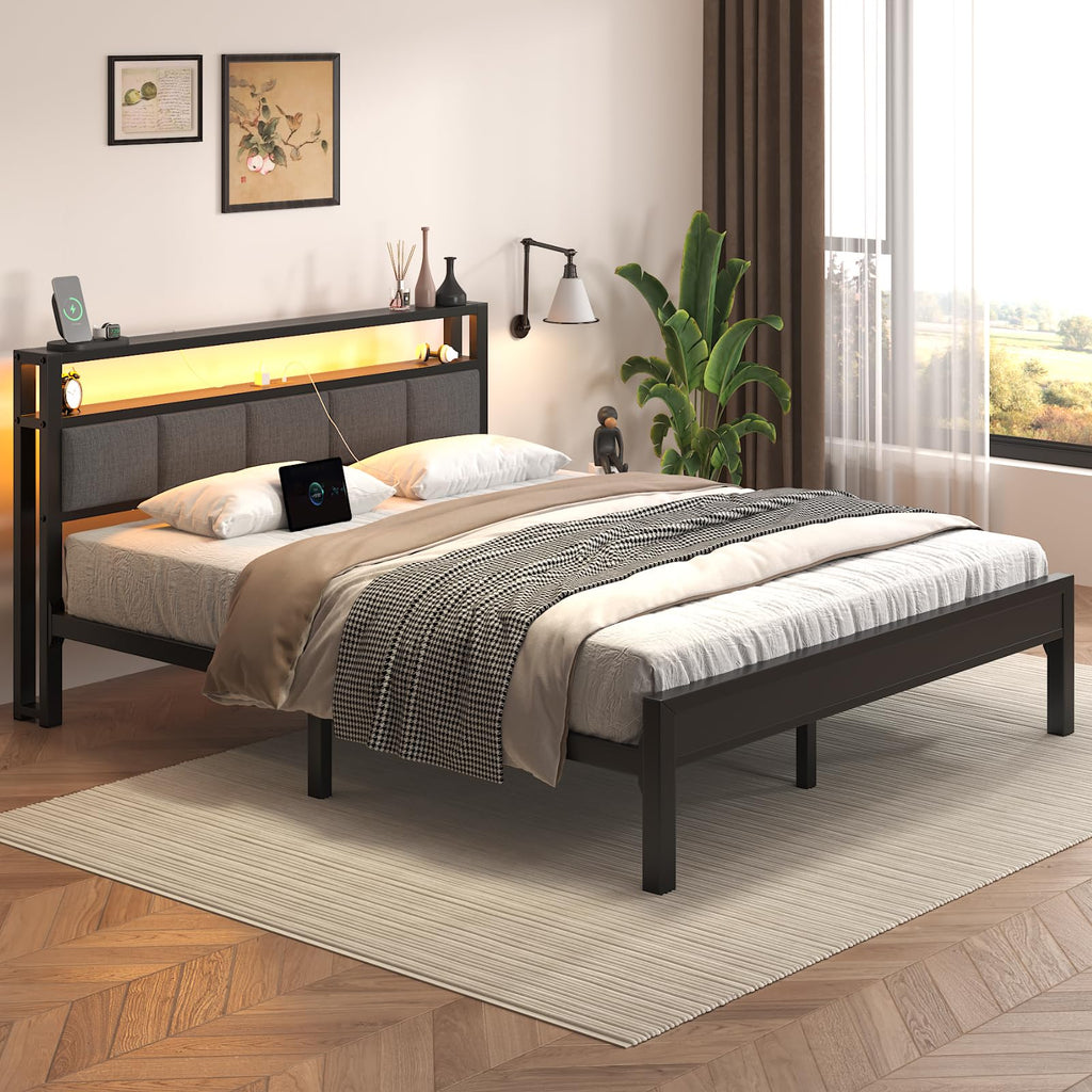 Light Grey Full Size Bed Frame with LED Lights and Charging Station G55174