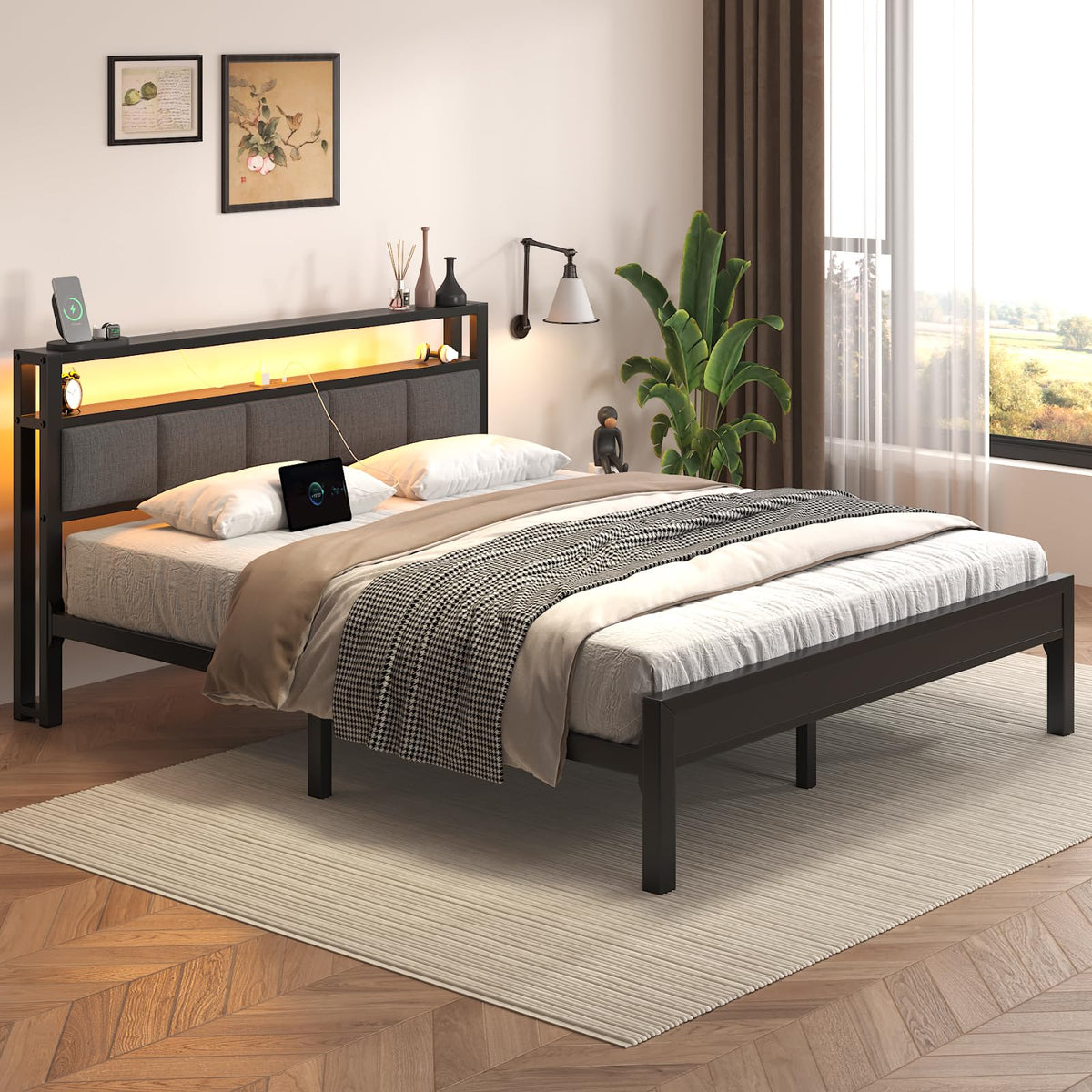 Light Grey Full Size Bed Frame with LED Lights and Charging Station G55174