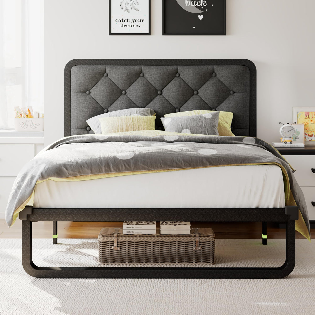 Twin Metal Platform Bed Frame with Linen Upholstered Headboard S13367
