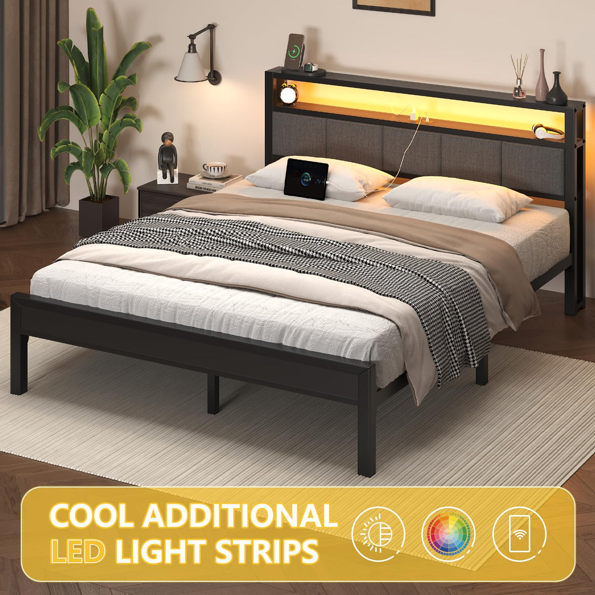 Light Grey Full Size Bed Frame with LED Lights and Charging Station G55174