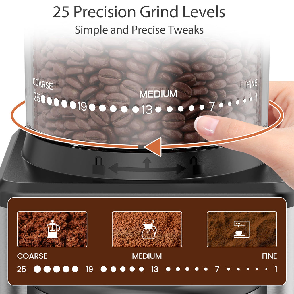 Electric Coffee Grinder with 25 Grinding Settings and 60-Second Timer S538