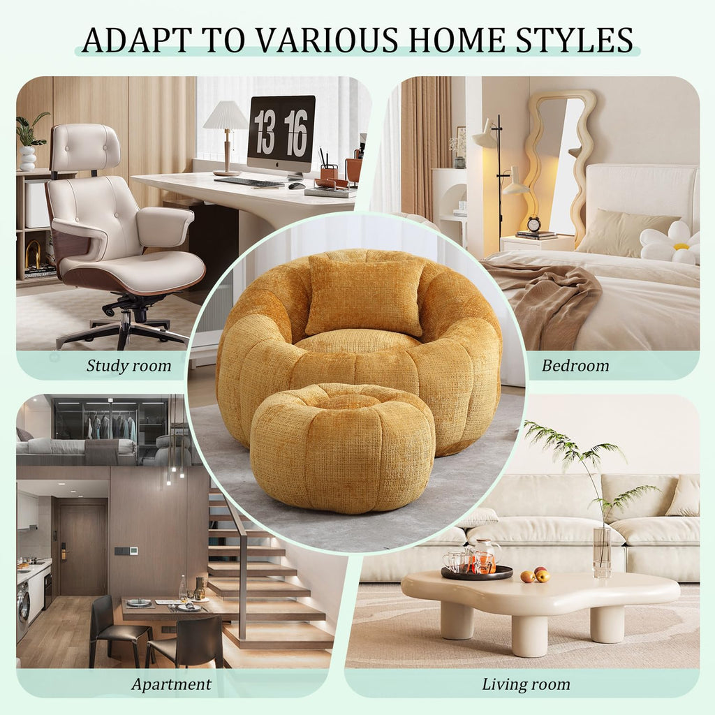 Yellow Chenille Bean Bag Chair with Ottoman and Pillow H34155