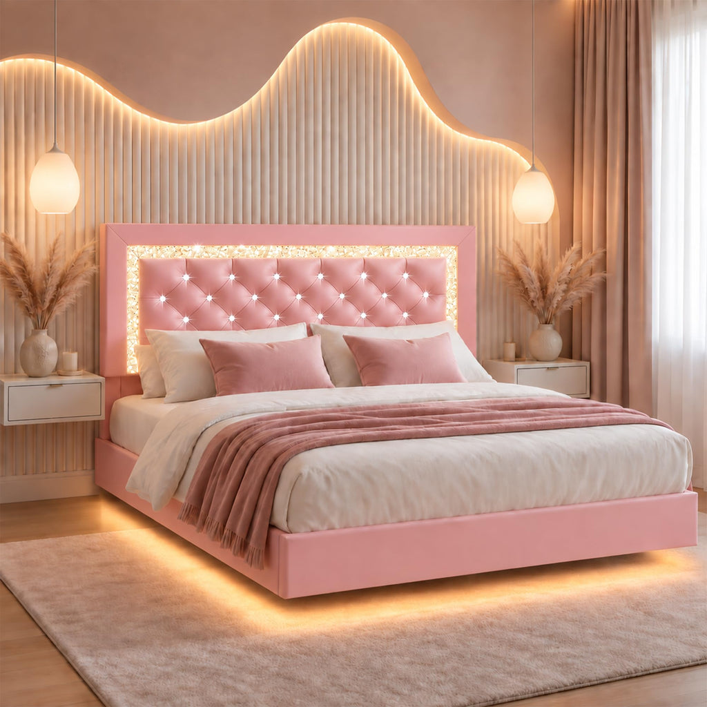 Pink Full Floating Bed Frame with LED Lights and Diamond Headboard I12415
