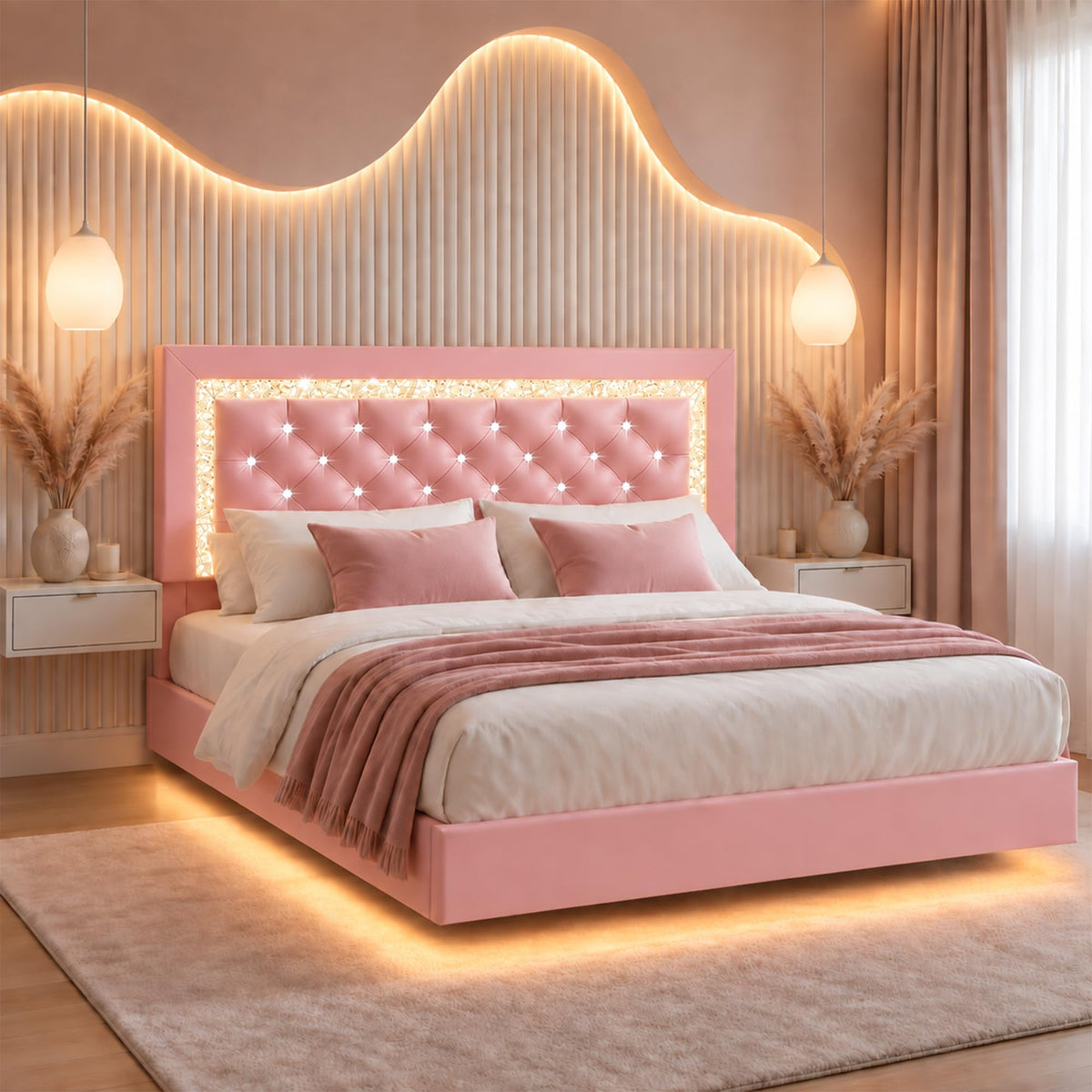 Pink Full Floating Bed Frame with LED Lights and Diamond Headboard I12415