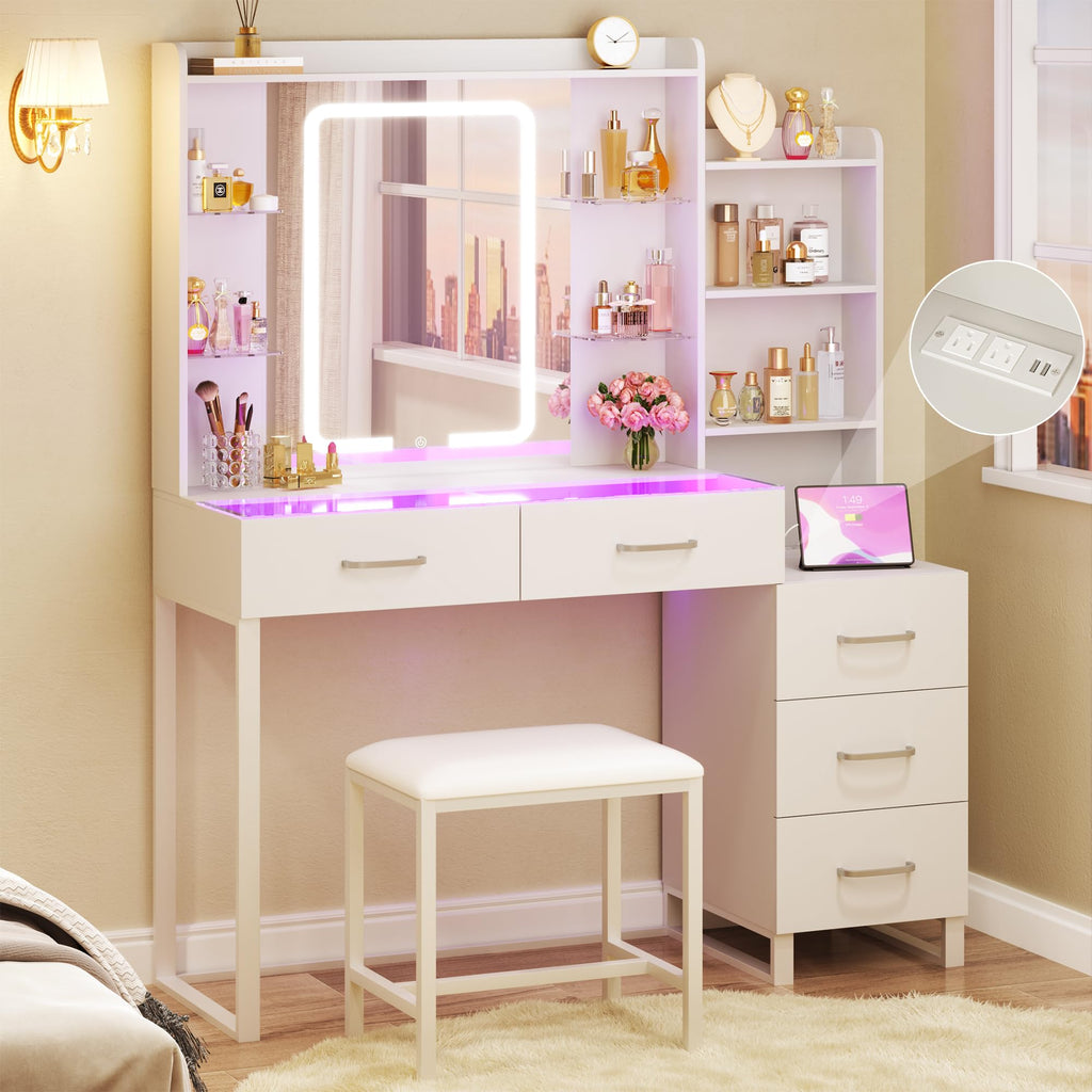 White Vanity Desk with Mirror and Stool 5 Drawers W77647