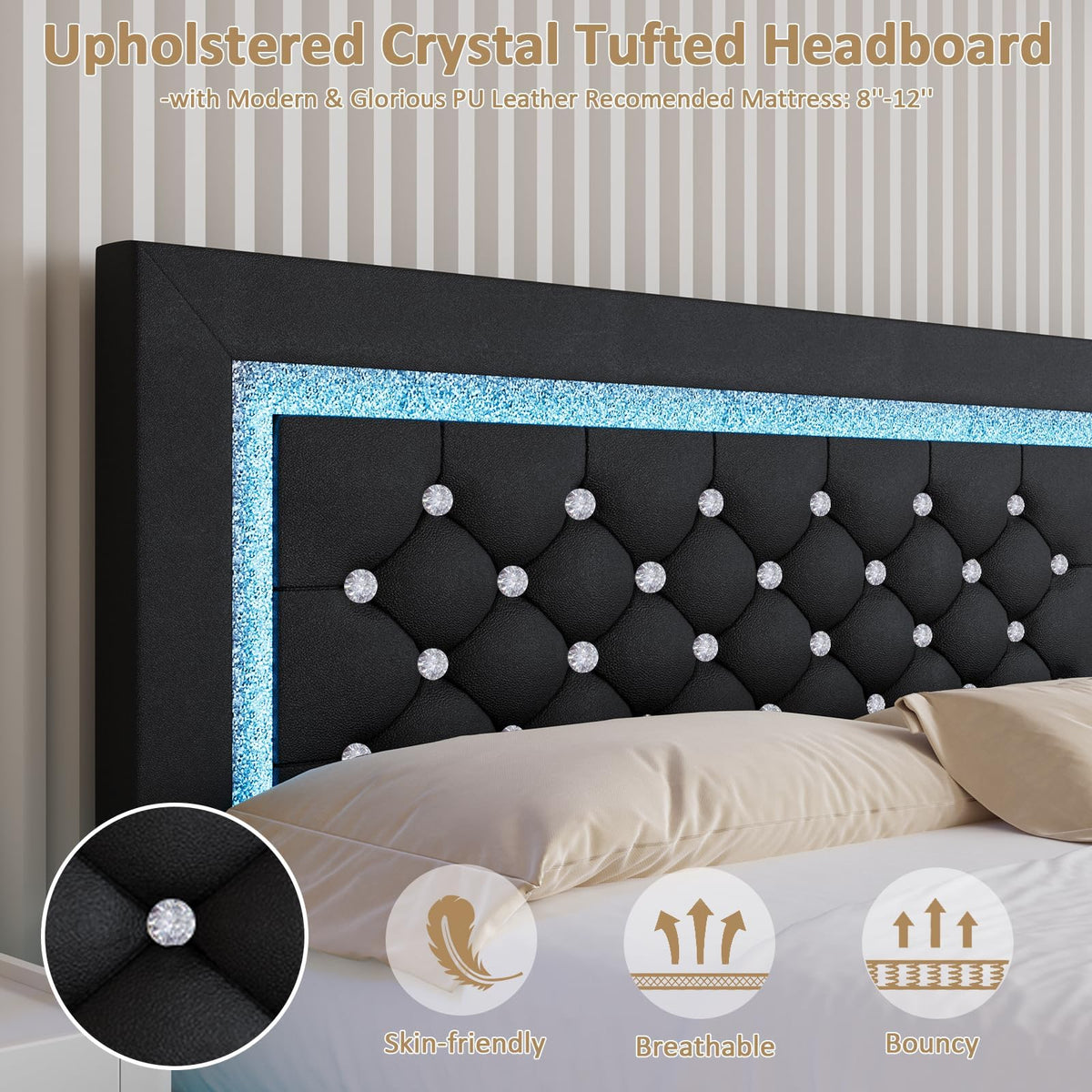 Black Full Floating Bed Frame with LED Lights and Tufted Headboard U23458