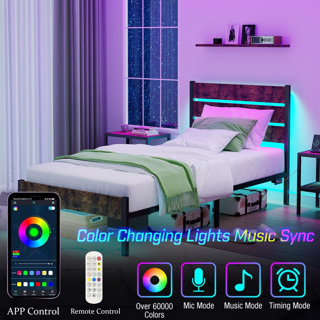 Twin Size Bed Frame with LED Light & Charging Station I977577