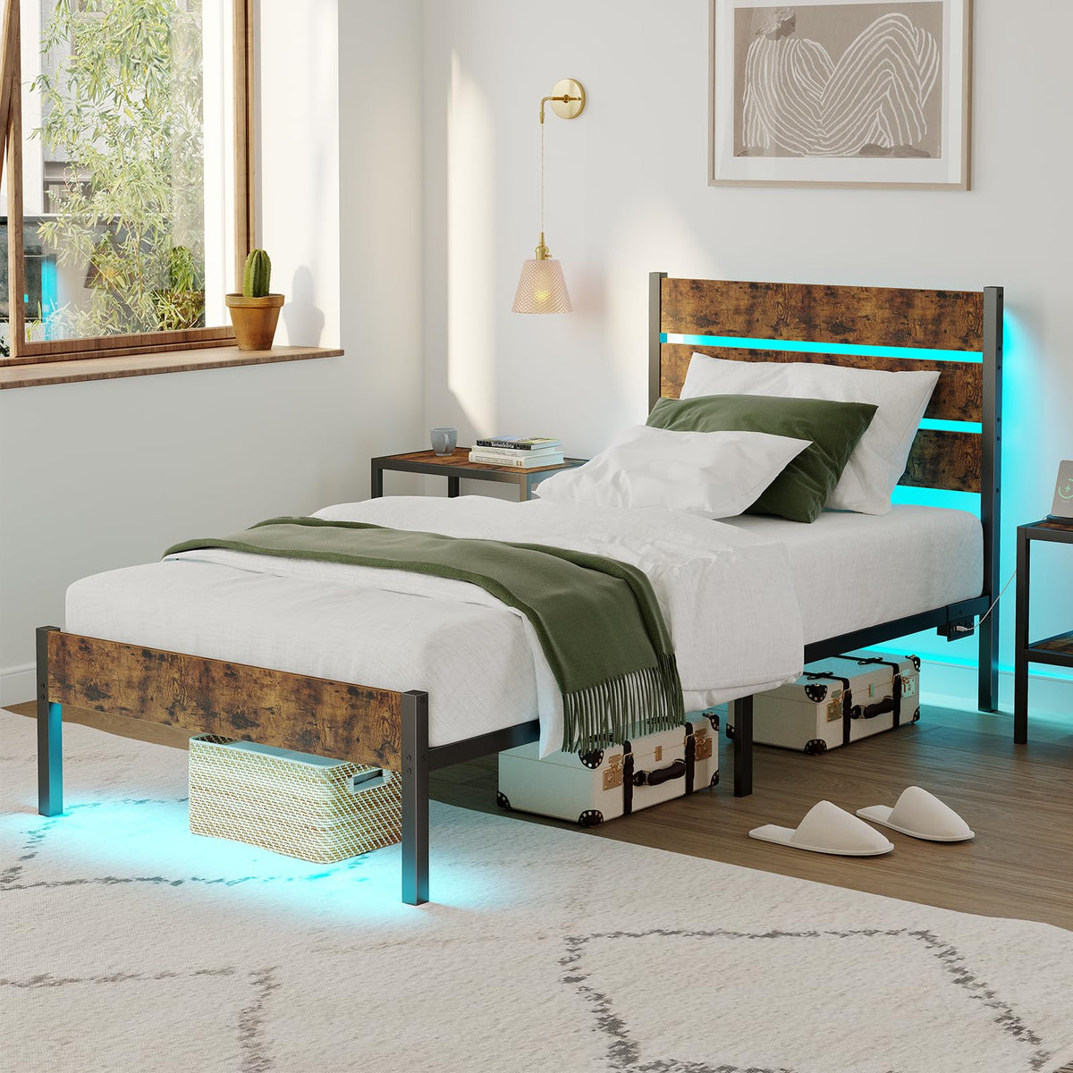 Twin Size Bed Frame with LED Light & Charging Station I977577
