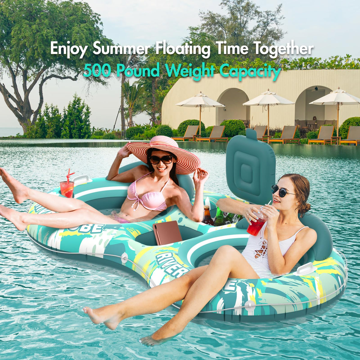 5-in-1 Pool Floats 2 Person River Tube with Backrests Built-in Cooler K1150