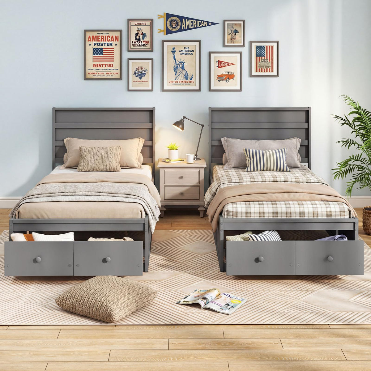 Grey Twin Wood Platform Bed with Storage Drawers K316