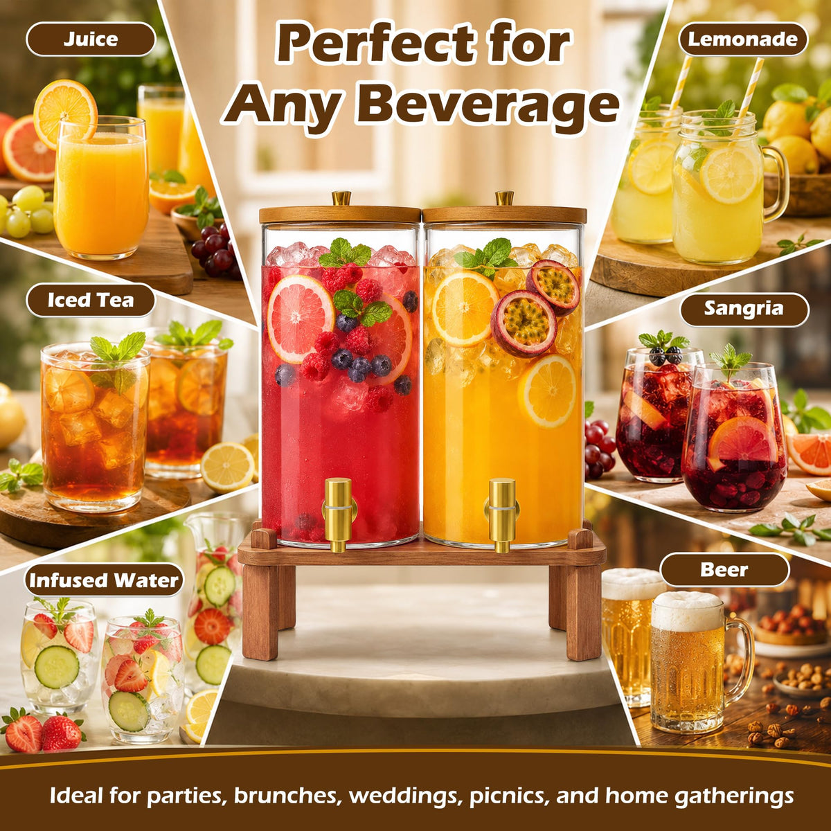 2PCS 1.5 Gallon Glass Beverage Dispenser with Wood Stand Q707
