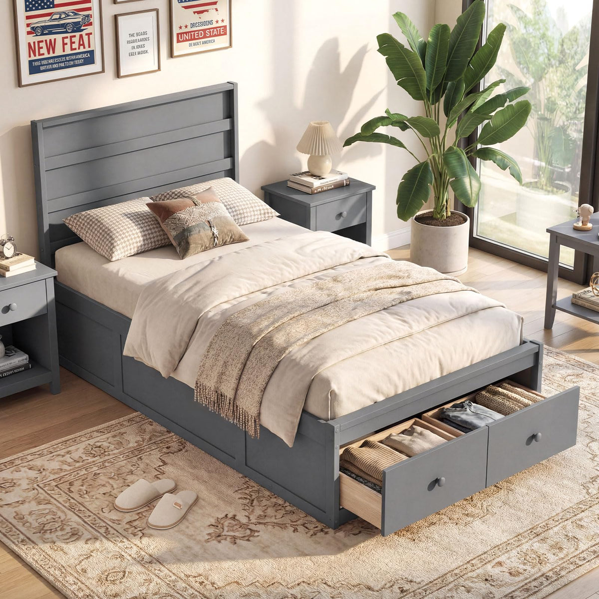 Grey Twin Wood Platform Bed with Storage Drawers K316