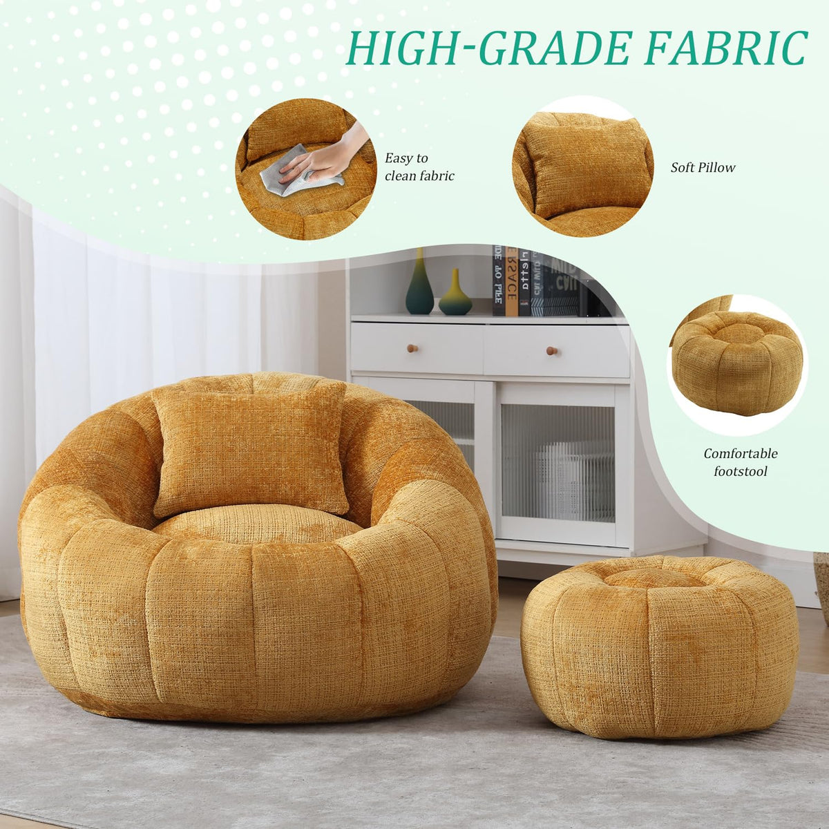 Yellow Chenille Bean Bag Chair with Ottoman and Pillow H34155