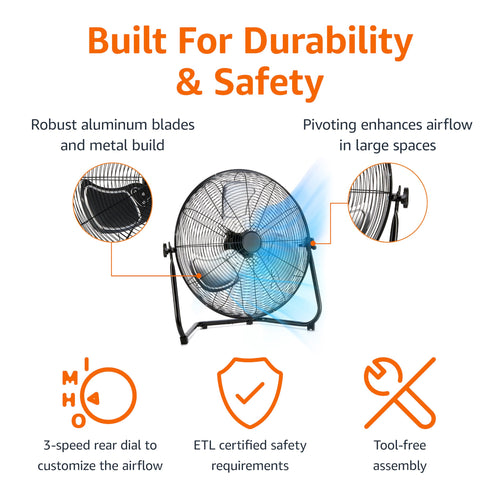 20" High Velocity Industrial Floor Fan with 3 Speeds, Metal Housing, Black F8959