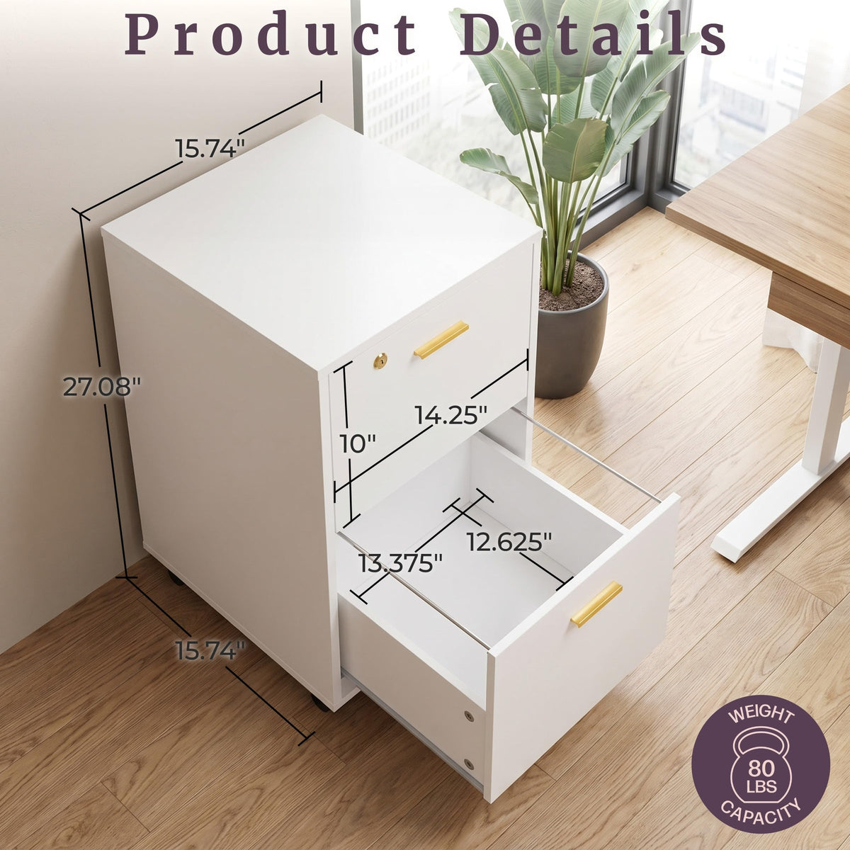 White 2 Drawer Wooden File Cabinet with Lock J18379