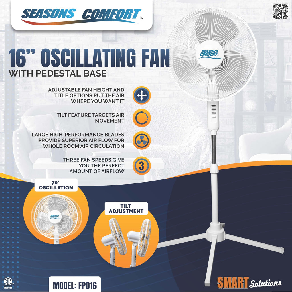 16 Inch Oscillating Pedestal Fan White 3 Speeds Adjustable Height Q82152