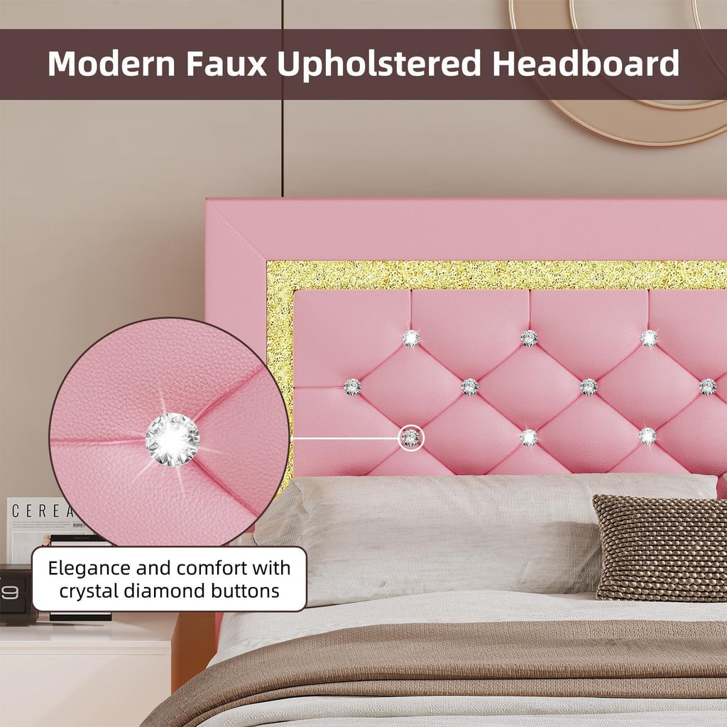Pink Full Floating Bed Frame with LED Lights and Diamond Headboard I12415