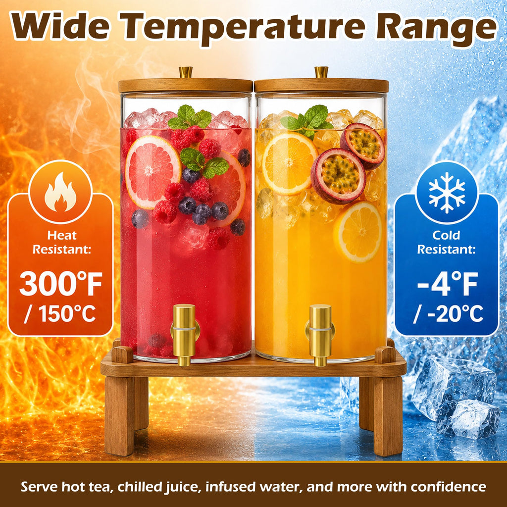 2PCS 1.5 Gallon Glass Beverage Dispenser with Wood Stand Q707