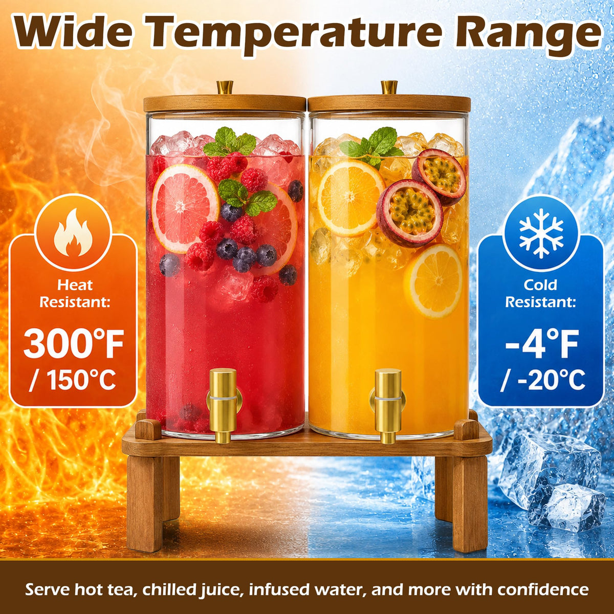 2PCS 1.5 Gallon Glass Beverage Dispenser with Wood Stand Q707
