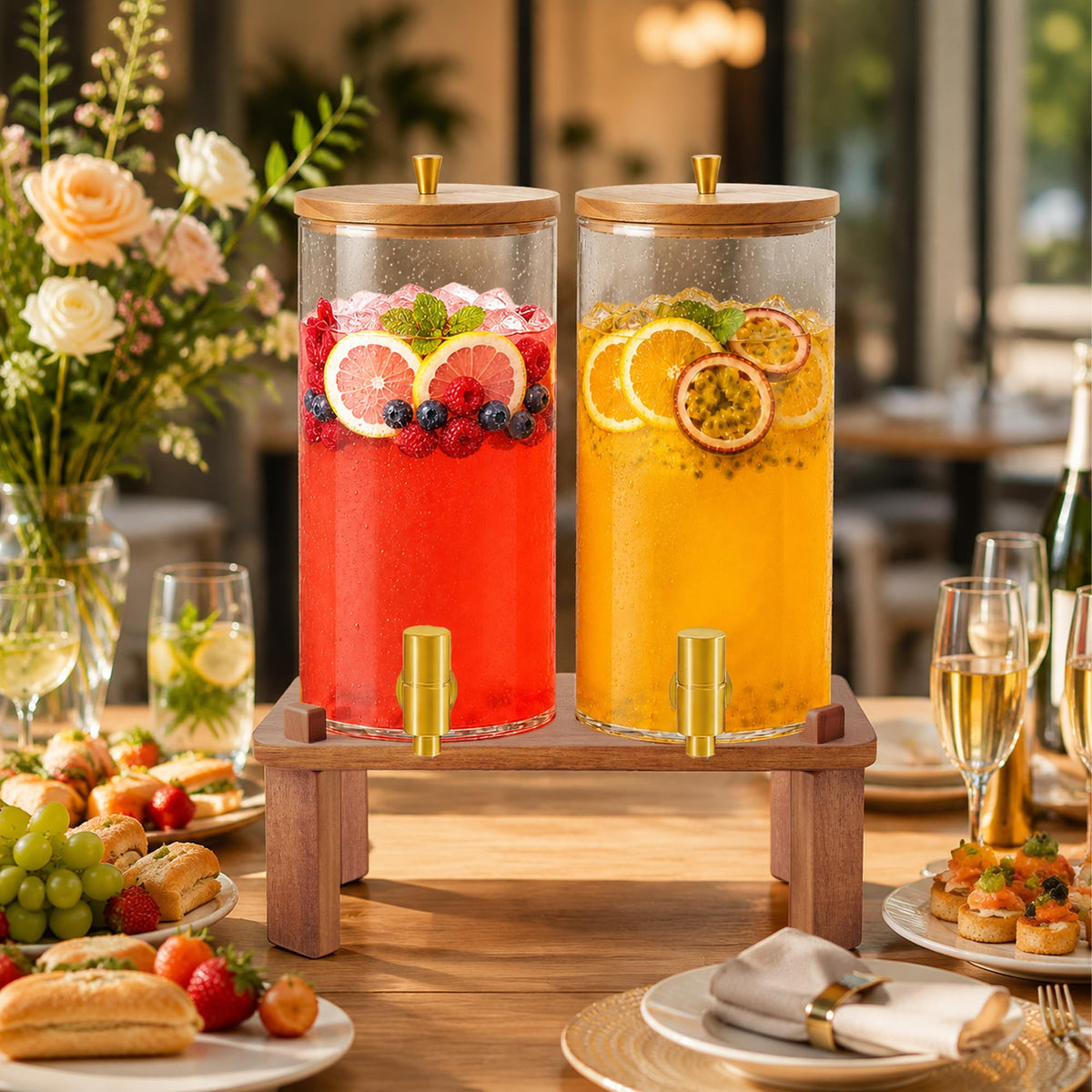 2PCS 1.5 Gallon Glass Beverage Dispenser with Wood Stand Q707