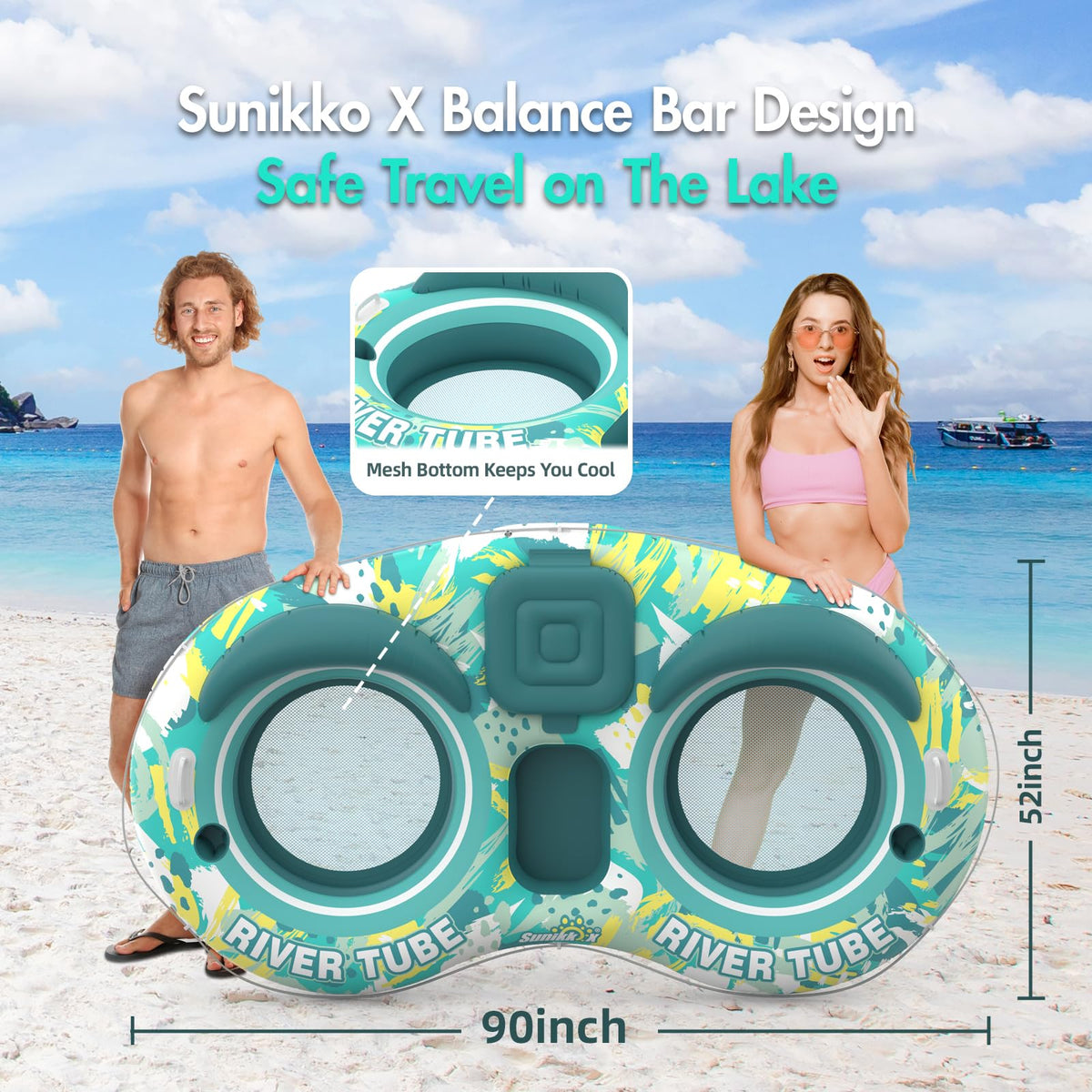 5-in-1 Pool Floats 2 Person River Tube with Backrests Built-in Cooler K1150