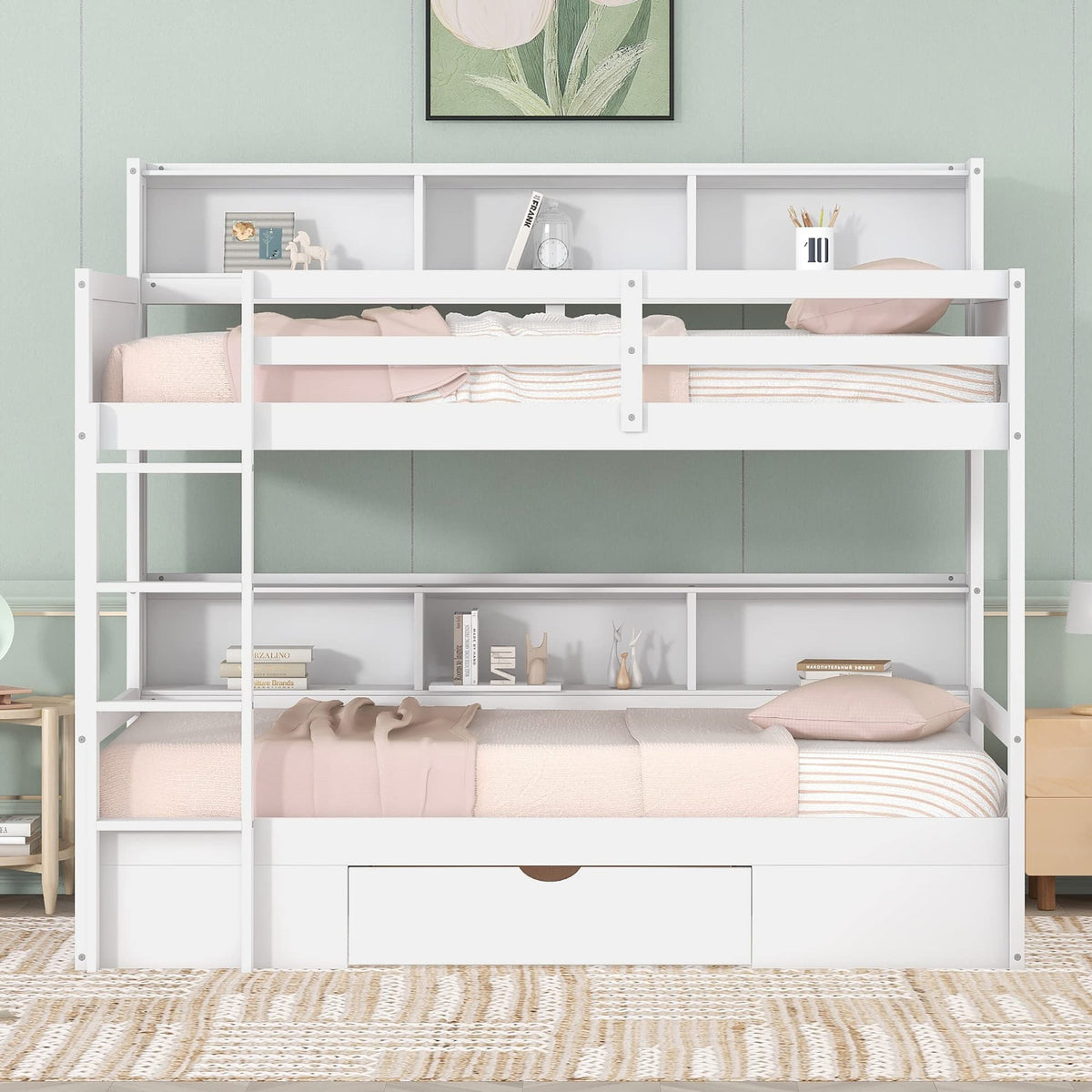 Twin Over Twin Wooden Bunk Bed with Shelves and Storage Drawer Q6340